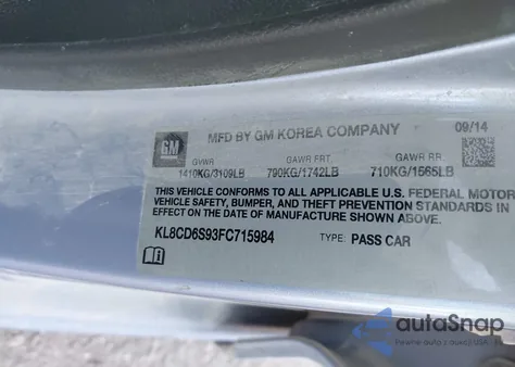 2015 Chevrolet Spark 1Lt Cvt из США, поврежденный, VIN KL8CD6S93FC715984